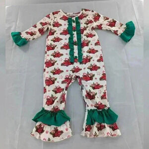 Red Truck Long Sleeve Green Ruffles One Piece Romper Girls Size 18-24 Month